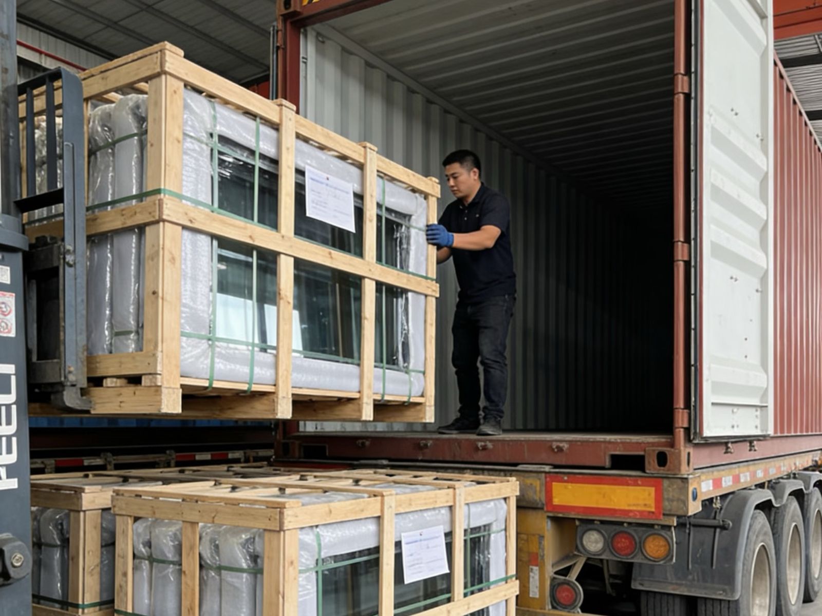 Container loading at the factory with a forklift