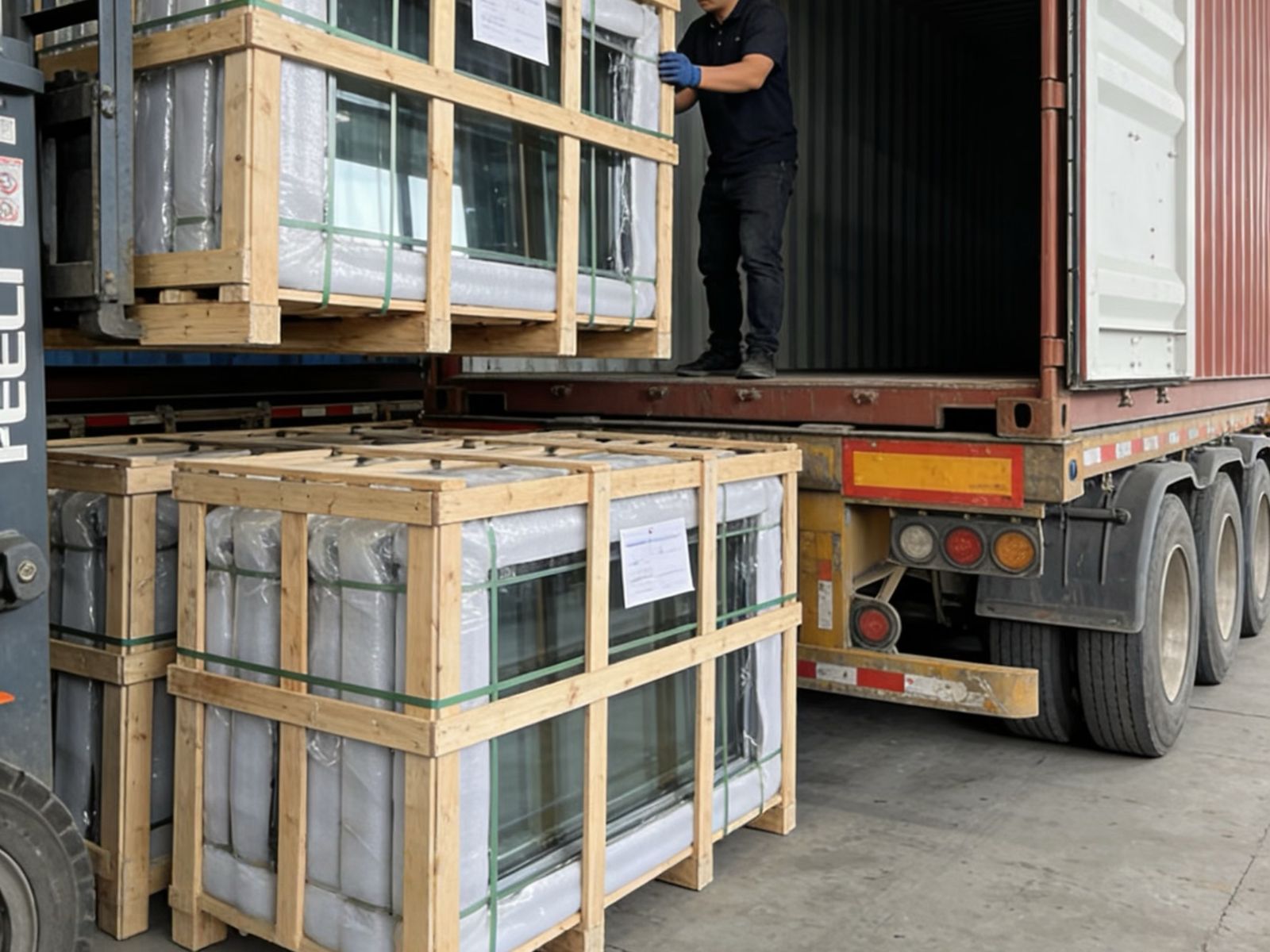 Export packing area with wrapped doors and corner protection